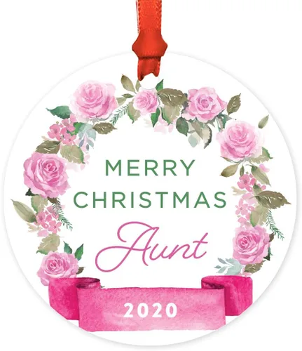 Vista 44 de Andaz Press Adorno de Navidad de madera grabado con láser para aniversario de boda, 1 año juntos, Navidad 2025, pancarta de flores rosas, 1 paquete