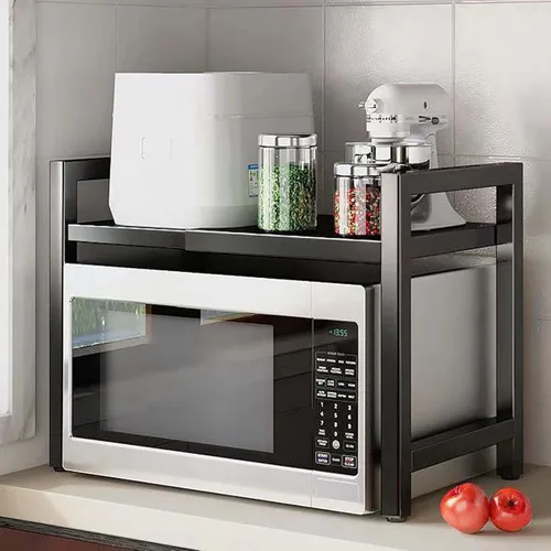 Vista 5 de Estante para horno de microondas, soporte para microondas, estante ajustable con 6 ganchos, estante para microondas, soporte para microondas