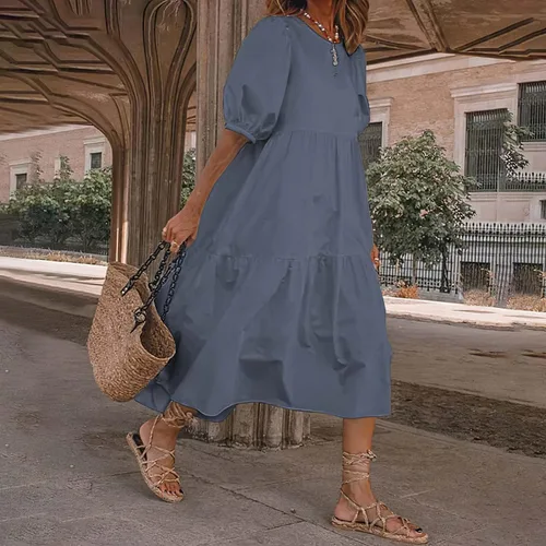 Vista 2 de TIAFORD Vestido largo de lino de lino con cuello redondo y escalonado, de manga corta, para verano, casual, fluido, para vacaciones, talla grande
