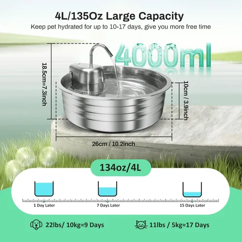 Vista 4 de Fuente de agua para gatos, fuente de acero inoxidable para mascotas de 4 L/135 onzas con 3 filtros, dispensador de agua para perros, fuente de agua