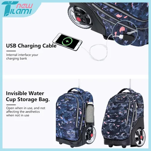 Vista 8 de Mochila con ruedas de 19 pulgadas para adolescentes, mochila con ruedas para computadora portátil, mochila para libros, bolsa de viaje