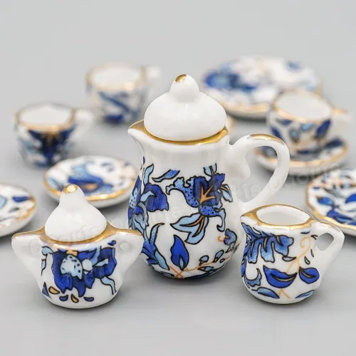 Vista 2 de Odoria 1:12 Miniatura 15pcs porcelana azul Chintz taza de té Set (azul)
