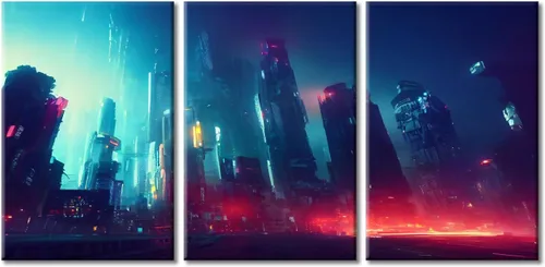 Vista 14 de Cuadros de 3 paneles de Cyberpunk City - Arte de pared de vallas publicitarias de edificios modernos en la capital con obras de arte modernas