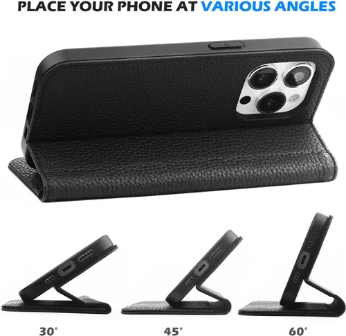 Vista 2 de WALLFID Funda de cuero para iPhone 14 Pro con tarjetero y función de soporte, piel auténtica, antiarañazos (negro)