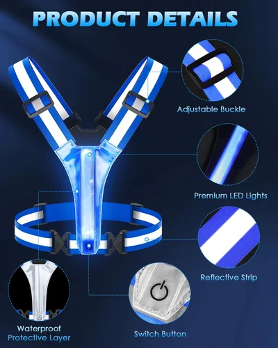 Vista 6 de Zacro LED Reflective Vest Running Gear, 5 Lights Colors High Visibility Reflective Gear Rechargeable Light Up Vest for Walking Running Cycling Azul