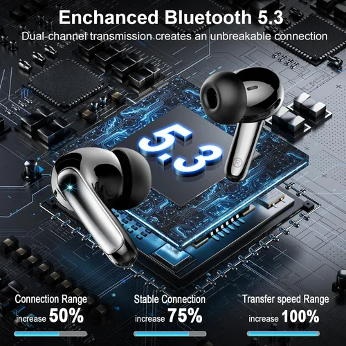 Vista 4 de Auriculares inalámbricos Bluetooth 5.3, auriculares estéreo de 48 horas con 4 micrófonos ENC llamadas claras, auriculares con cancelación de ruido