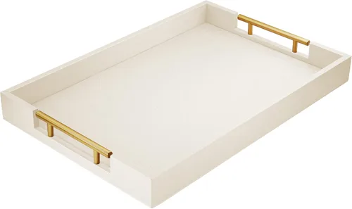Vista 14 de ATZYmolin - Bandeja de servicio de madera de 17" x 12" con asas de metal dorado pulido, bandeja decorativa de madera rectangular para otomano