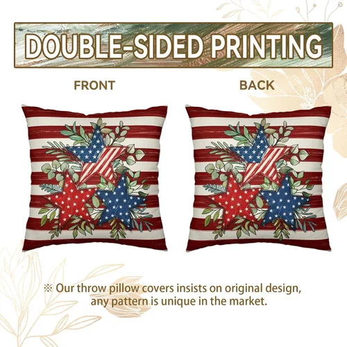 Vista 54 de Juego de 2 fundas de almohada de 16 x 16 pulgadas, diseño patriótico de bandera estadounidense con estrellas para exteriores, estilo casa de campo