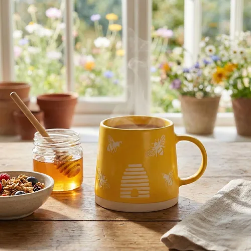 Vista 2 de Abbott Collection Taza de Base Ancha con Abejas - Gres, Amarillo/Marfil, 3.5 Pulgadas de Alto (14 Onzas)
