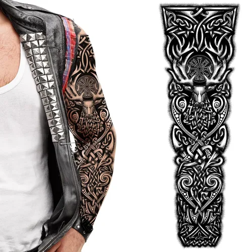 Vista 10 de 2 tatuajes temporales con hacha vikinga, dragón, nórdico, palo negro, tribal, bárbaro, celta, guerrero, en el cuerpo, pegatina de transferencia