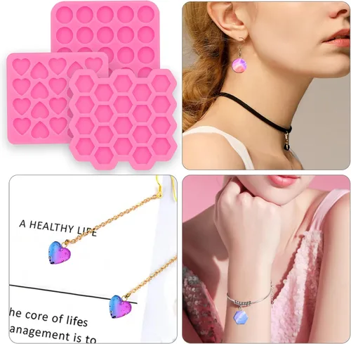 Vista 5 de Juego de 3 piezas de mini molde de silicona brillante, mini corazón/hexágono/círculo para aretes de oreja, molde de resina epoxi para manualidades