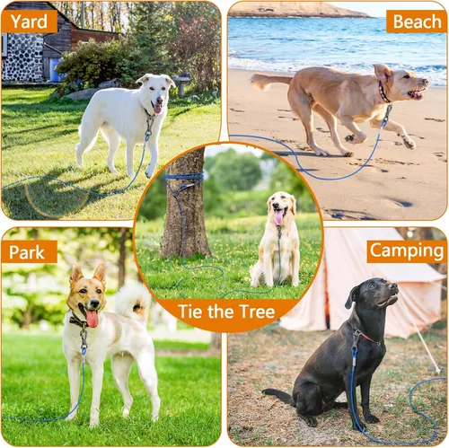 Vista 6 de XiaZ Cable de amarre para perros de 10 pies, para patio, cable de acero para mascotas con clips duraderos con bloqueo, cadenas para perros
