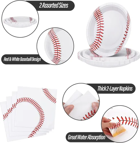 Vista 3 de 80 unidades de suministros para fiestas de béisbol de 9 y 7 pulgadas, 32 platos y 48 servilletas, rojo y blanco, para decoraciones de fiestas