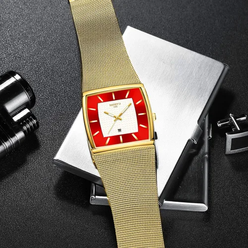 Vista 3 de Relojes para hombre de moda de negocios de lujo casual correa de malla impermeable con fecha cuadrado reloj de pulsera