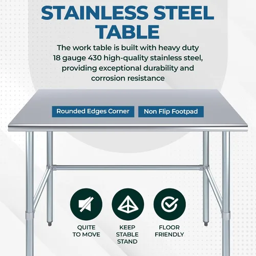 Vista 4 de Mesa de Trabajo de Acero Inoxidable con Base Abierta de 24" x 14" – Mesa Comercial Compacta Certificada NSF con Patas Galvanizadas para Cocinas