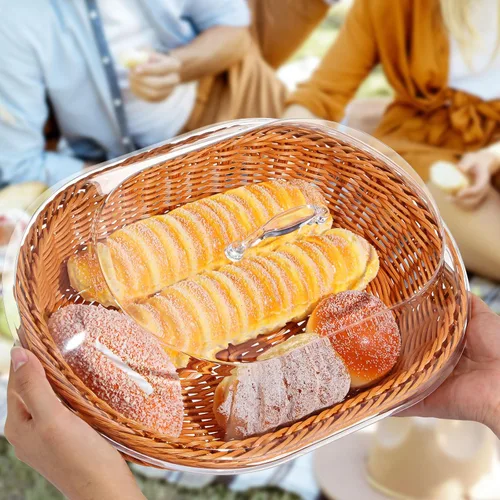 Vista 5 de Hushee Juego de 2 cestas de pan de ratán de imitación con tapa, cestas de pan de mimbre para servir cestas de frutas tejidas con cubierta, cestas