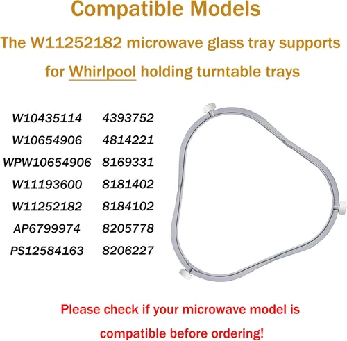 Vista 3 de Anillo de soporte de plato giratorio de microondas W11252182 de 7.48 pulgadas para Whirlpool con rodillos, 8206227 para horno de microondas, bandeja