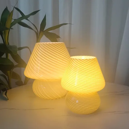 Vista 6 de Lámpara de mesa con forma de hongo y remolino, lámpara de mesa de vidrio translúcido, estilo italiano, moderna lámpara de escritorio a rayas