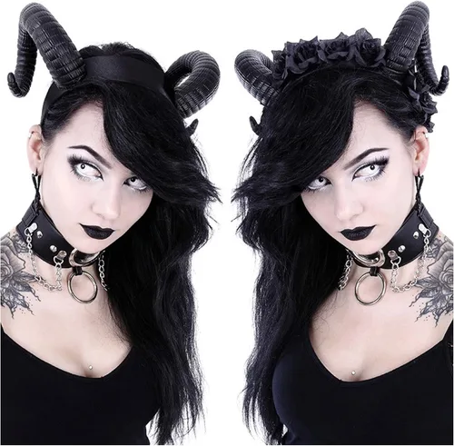 Vista 3 de Restyle - Diadema gótica siniestra, tocado Nugoth Ram Satan Horns, Negro