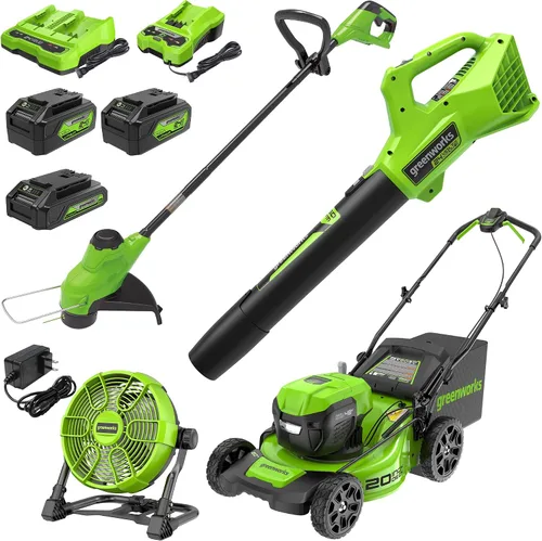 Vista 17 de Greenworks Juego de herramientas de jardín de 5 piezas de 48 V (24 V x 2): cortacésped de empuje de 20 pulgadas, recortadora de cuerdas de 12