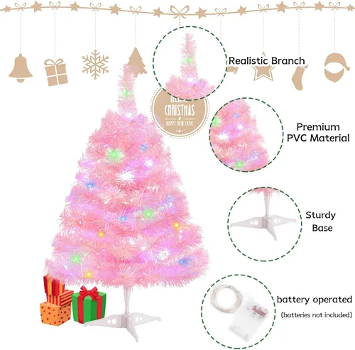 Vista 3 de Árbol de Navidad artificial de 2 pies con luces, árbol de Navidad de mesa rosa iluminado con soporte de plástico, funciona con pilas, mini árbol