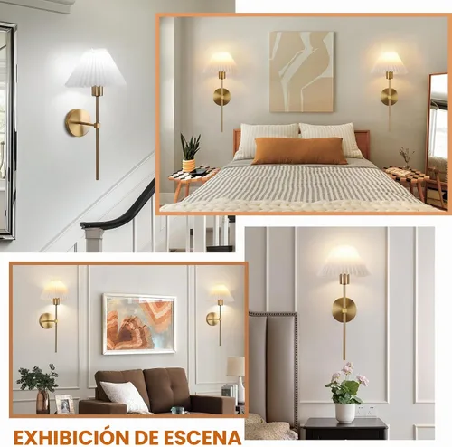 Vista 7 de Juego de 2 apliques de pared inalámbricos, pantallas plisadas recargables que funcionan con batería, luces de pared retro industriales doradas