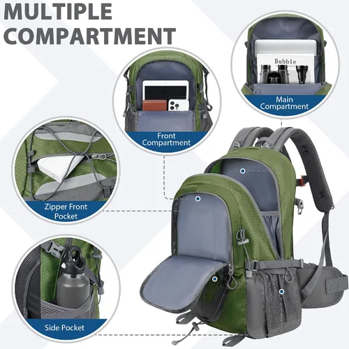 Vista 5 de Mochila de senderismo de 30 L, ligera, mochila de viaje pequeña para hombres y mujeres, para acampar al aire libre, mochilero, verde militar