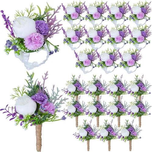 Vista 10 de Juego de 12 ramilletes de boda y boutonniere, pulsera de ramillete de boda con alfileres para baile de graduación, hombres, novia, fiesta