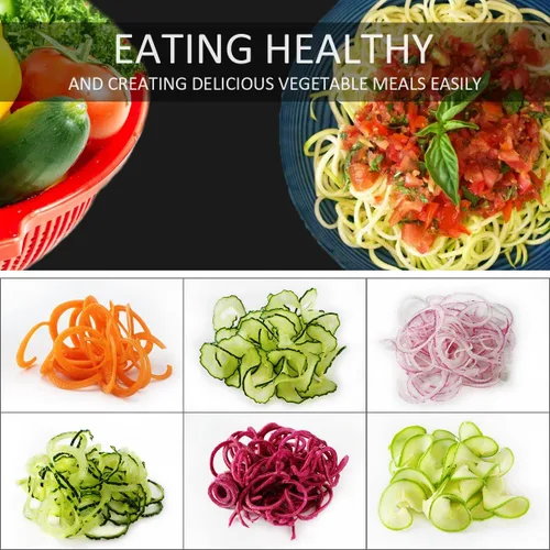 Vista 6 de Espiralizador Cortador de Verduras (Cuchillas Giratorias 4 en 1) Espiralizador de Verduras Resistente con Ventosa Fuerte, Creador de Fideos