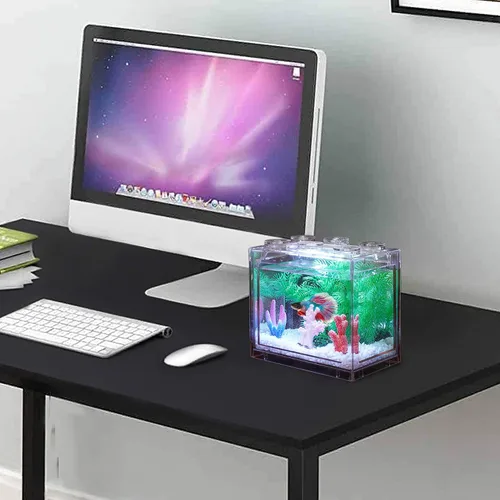 Vista 7 de Oltraman Pequeño Tanque de Peces Betta, Kit de Tanque de Acuario con Iluminación LED, Conjunto de Tanque de Peces de Combate Apilable de 0.6