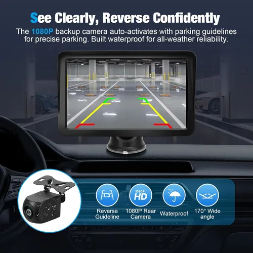 Vista 3 de Pantalla inalámbrica CarPlay de 9" para coche, receptor Apple CarPlay y Android Auto con cámara de respaldo 1080P, pantalla táctil HD, Bluetooth