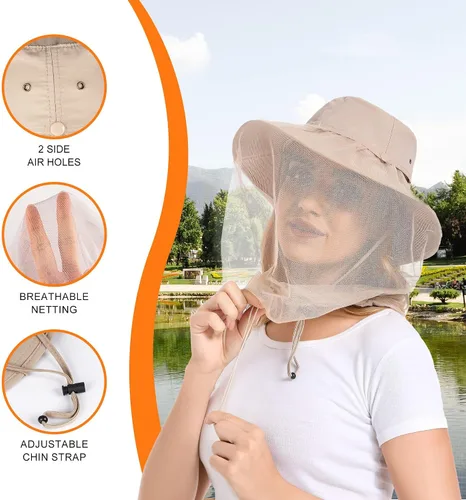 Vista 5 de Mosquito Head Net Hat - Bug Cap UPF 50+ Sun Protection with Hidden Netting for Beekeeping Hiking Women