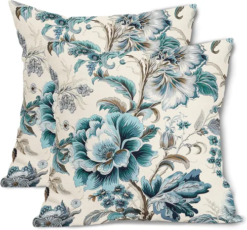 Vista 18 de Fundas de cojín decorativas primavera-verano 40x40 cm, juego de 2 fundas de cojín verdes con flores botánicas, fundas de cojín decorativas para Aqua