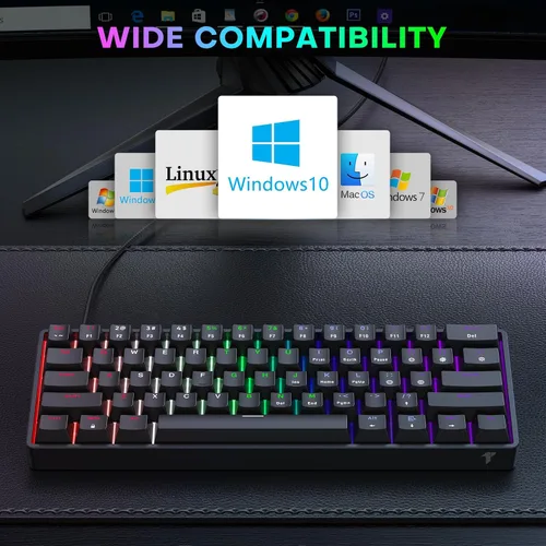 Vista 6 de TECURS Teclado mecánico compacto 60% para MacWindowsPC, ideal para oficina y juegos, teclado con cable retroiluminado RGB de 61 teclas