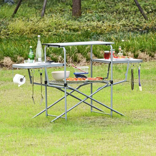 Vista 2 de GYMAX Mesa de campamento plegable de aluminio, mesa de parrilla al aire libre con mesa auxiliar, ganchos y bolsa de transporte, mesa de picnic