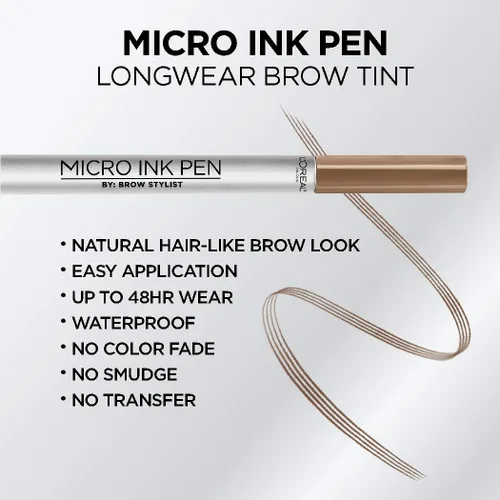 Vista 2 de L'Oreal Paris Micro Ink Pen de Brow Stylist, tinte de cejas de larga duración, efecto similar al cabello, hasta 48 horas de uso, punta de peine