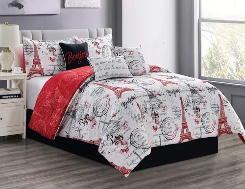 Vista 8 de Juego de edredón Sapphire Home de 7 piezas para cama tamaño queen/king con fundas de almohada, diseño de la Torre Eiffel de París, color negro