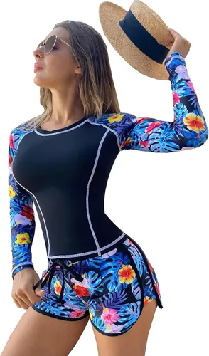 Vista 14 de Conjunto de tankini azteca de manga larga para mujer Negro Gl235