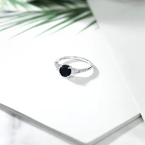 Vista 35 de Gem Stone King Anillo de compromiso de 3 piedras preciosas redondas de oro blanco de 10 quilates con piedra natal de 0.236 in con piedra natal