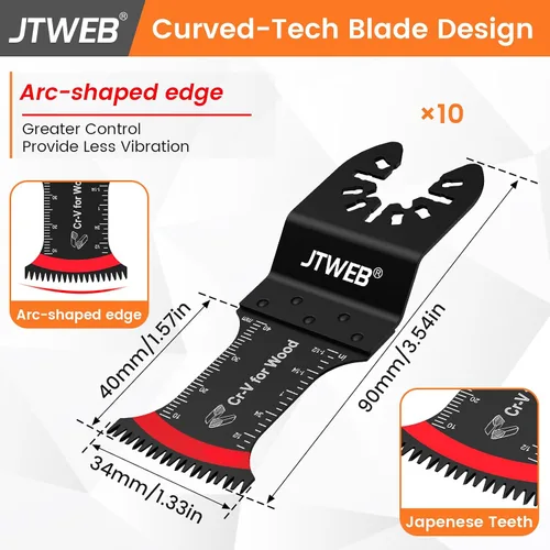 Vista 2 de JTWEB Hojas de sierra oscilantes de dientes japoneses de madera, 10 cuchillas multiherramienta con borde en forma de arco para madera, plástico