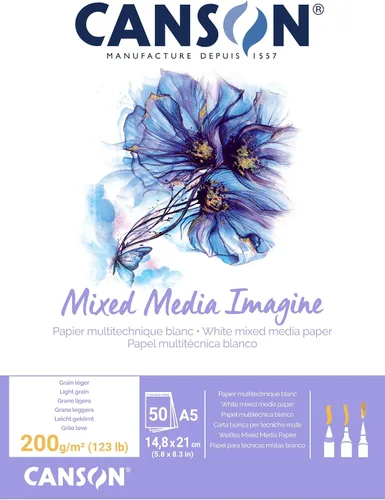 Vista 6 de Canson Imagine Mixed Media - Papel de 7.05 oz/m², color blanco natural, bloc A1, incluye 25 hojas