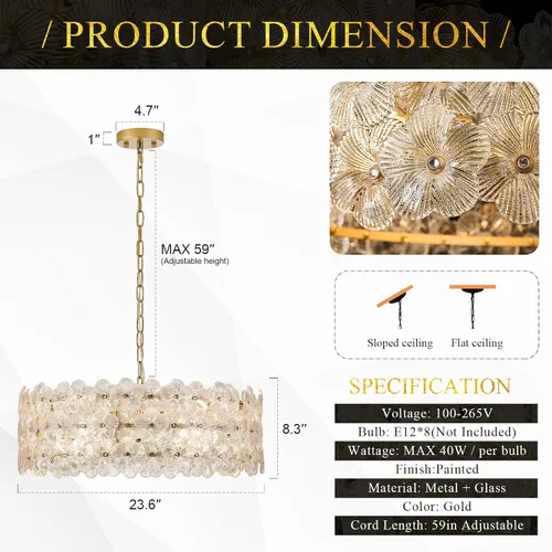 Vista 3 de Lámpara de cristal transparente de flores de 24 "8 luces de oro Dorado