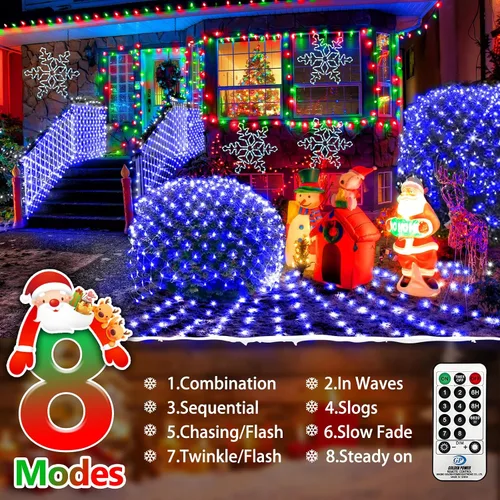 Vista 3 de KNONEW Red de luces de Navidad de 420 luces LED de 13 pies x 6.6 pies, luces de malla para exteriores, conectables, impermeables, 8 modos
