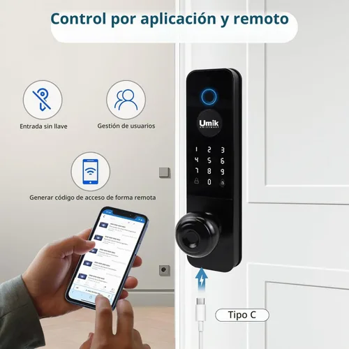 Vista 4 de UMIKSMART - Cerradura de puerta inteligente, cerradura de teclado de huellas dactilares, aplicación WiFi, negro mate
