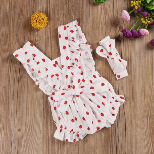Vista 3 de Mameluco con volantes para niña recién nacida con diadema, ropa de verano