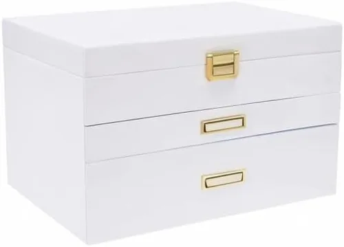 Vista 10 de LOYALHEARTDY Joyero de madera grande de 3 capas, organizador grande de joyería para mujeres, 2 cajones de almacenamiento para anillos, collares