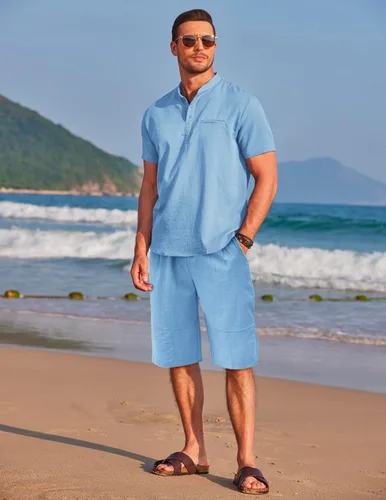 Vista 3 de COOFANDY Conjunto de 2 piezas de lino para hombre, camiseta Henley de manga corta y pantalones cortos de verano para la playa y yoga, Azulclaro
