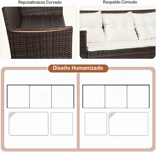 Vista 6 de RELAX4LIFE Juego seccional de muebles de patio de 3 piezas, conversación de mimbre de ratán con 5 cómodos cojines de asiento y respaldo, mesa