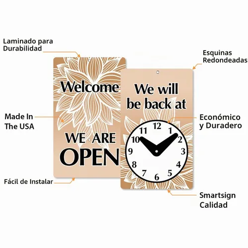 Vista 6 de SmartSign Letrero de reloj de dos caras con texto en inglés "We Will Be Back - Welcome We are Open", plástico de 7.75 x 4.75 pulgadas 4.75" x 7.75