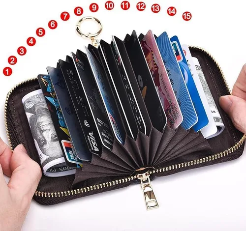 Vista 4 de Tarjetero para mujer, con bloqueo Rfid, pequeño y compacto con cierre de cremallera, tarjetero de identificación con llavero, bolso impermeable